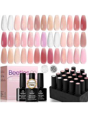 25PCS Nude Pink Gel Nail Polish Set - 20 Colors, Glitter & Matte Top Coats, Gift